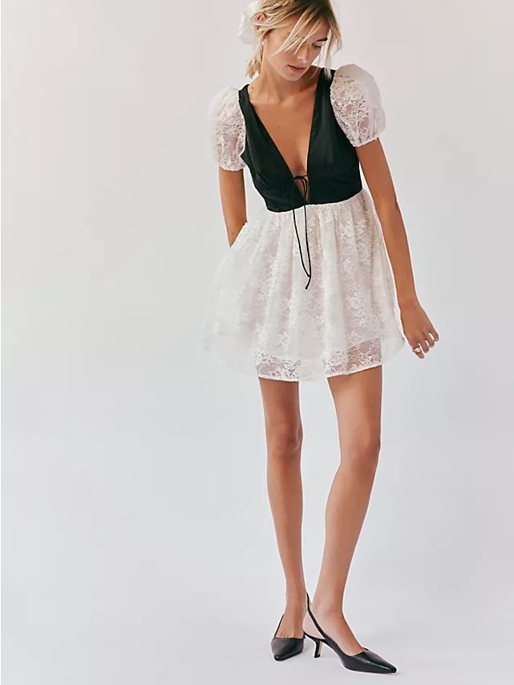For Love & Lemons Black and Ivory Puff Sleeve Mini Dress